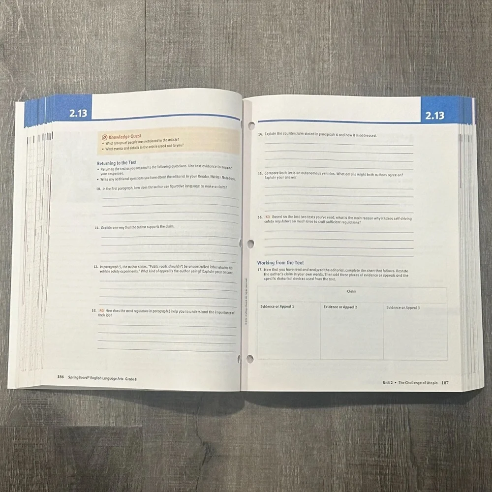 Spring Board 8th Grade English Language Arts Text & Workbook